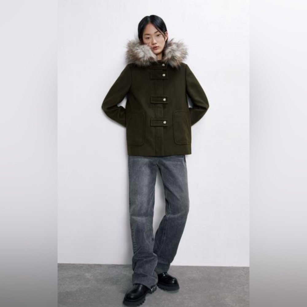 ZARA WOMENS COAT WITH FAUX FUR HOOD